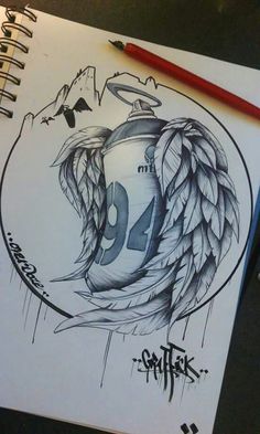 a drawing of a can with wings on it