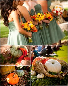 the bridesmaids are dressed in green dresses with pumpkins and gourds