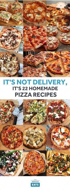 there are many different types of pizzas on the table with words it's not delivery, it's homemade pizza recipes