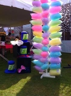 there are many different colored balloons hanging from the poles in the grass at an outdoor event