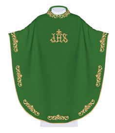 IHS embroidered chasuble - green (H39). Chasuble is made of high-quality plain fabric, decorated with rich embroidery with the IHS symbol. All finished with gold satin trim. Available in all liturgical colors. - Turtleneck collar finish, carom version available by particular order. - Inner stole included. - Vestment length 130 cm (51.2 inches) Fabric: 80% PE, 20% Wool. It is manufactured in Poland. The set is included in a tasteful box with glass. Ihs Symbol, Priestly Garments, Liturgical Colours, Beer Advertising, Gold Satin, Types Of Collars, Clothing Items, Poland, Turtle Neck