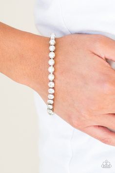 Out Like A SOCIALITE Bracelets-Lovelee's Treasures-bracelets Paparazzi Accessories Jewelry, White Bracelet, White Bracelets, Elegant Bracelet, Paparazzi Accessories, White Rhinestone, Rhinestone Bracelet, Paparazzi Jewelry, Bracelet Collection