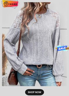 Crew Neck Split Joint Casual Lace T-shirt Gray Crew Neck Cotton Knit Top, Gray Cotton Crew Neck Knit Top, Gray Crew Neck Top For Spring, Gray Crew Neck Knit Top For Spring, Lace Tshirt, Casual Lace, Ladies Tops Fashion, Split, Crew Neck