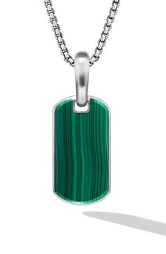 A clean, artistic tag with a chevron-etched reverse side adds a modern, sculptural look to your necklace or bracelet. Enhancer only; chain sold separately Total diamond weight: 0.81ct. Sterling silver or sterling silver/diamond, turquoise, tiger's eye or malachite; 18k gold or 18k gold/diamond, Nephrite jade, black onyx or black diamond; black titanium/sterling silver Imported >Diamond Guide Modern Green Necklace With Polished Finish, Modern Green Stainless Steel Jewelry, David Yurman Mens, Diamond Guide, Nephrite Jade, Tiger's Eye, David Yurman, Silver Diamonds, Black Onyx