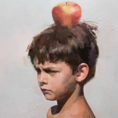 a painting of a boy with an apple on top of his head