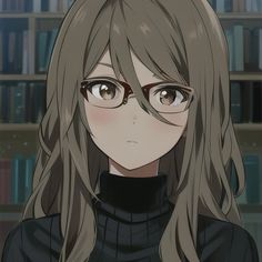 an anime character with long hair and glasses in front of bookshelves, staring at the camera