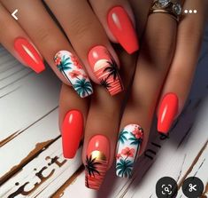 Turquoise Palm Tree Nails, Palm Trees On Nails, Bali Inspired Nails, Mexico Beach Nails, Island Nails Tropical Simple, Tropical Leaf Nails, Mexico Vacation Nail Ideas, Cute Tropical Nails, Carribean Cruise Nail Ideas