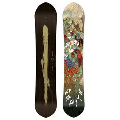 the snowboard is decorated with an image of a dragon and flowers on it's side