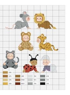 the cross stitch pattern shows different animals and people in various poses, with numbers on each side