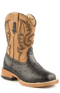 BOYS TODDLER BLACK FAUX OSTRICH VAMP TAN SHAFT – Roper Apparel & Footwear Baby Cowboy Boots, Boys Cowboy Boots, Future Son, Boots Square Toe, Square Toe Boots, Baby Cowboy, Ostrich Leather, Leather Cowboy Boots, Buckle Shoes