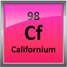 the chemical symbol for california is shown on a pink and silver square plate with black lettering