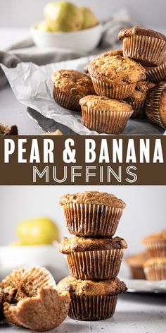 pear and banana muffins stacked on top of each other