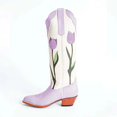 Embrace springtime elegance with our Light Purple Tulips Chunky Heel Knee High Cowboy Boots for Women! 🌷👢 These stylish boots feature delicate tulip details and a comfortable chunky heel, perfect for adding a floral touch to your outfit. Step out in confidence and charm! Purple Cowgirl Boots Wedding, Cowboy Boots Cavender's, Cowboy Boots Embroidery, Light Purple Tulips, Fancy Cowboy Boots, Flower Cowboy Boots, Lavender Boots, Pastel Boots, Purple Cowboy Boots