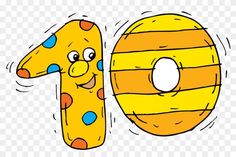 the number ten cartoon character is yellow and has polka dots on it, with an oval shaped