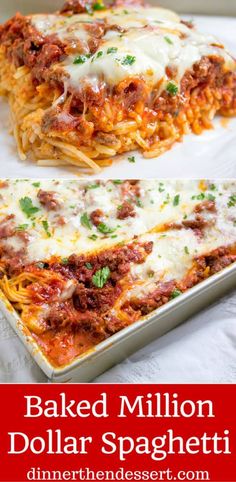 baked million dollar spaghetti casserole with meat and cheese