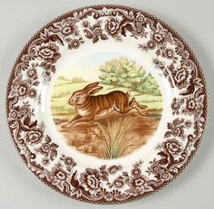 a brown and white plate with an image of a rabbit on it's side