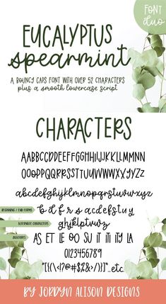 the font and numbers for eucalyptusplus spearmint, which is also available in both english and spanish