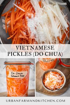 Pickled carrot and radish strips in a bowl. Pickled Veggies For Bahn Mi, Vietnamese Vegetables, Easy Vietnamese Recipes, Bahn Mi, Pickled Carrots, Refrigerator Pickles