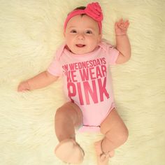 "This \"On Wednesdays We Wear Pink\" Bodysuit design is made from beautiful Pink Vinyl art. The design is professionally applied to your choice of size of a light pink Bodysuit. A perfect choice for your baby girl for her Wednesday attire :) This matches great to many of our pink tutus! **Please wash inside out on gentle cycle in cold water and lay flat to dry. You can order this in size Newborn to 18 months. The sizing chart for the Bodysuits are: Size Pounds Newborn Up to 7 0-3M 7 - 12 3-6M 12 Mean Girls Shirts, Light Pink Bodysuit, Heat Transfer Vinyl Shirts, Pink Onesie, Sarcastic Shirts Funny, Pink Vinyl, Wednesdays We Wear Pink, Black Shirts Women, Pink Jumper