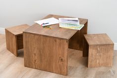 a wooden table and two stools on the floor