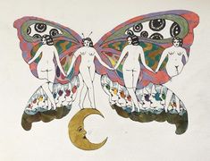 two women are standing on the moon with their wings spread open and there is a crescent in front of them