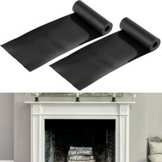 two pieces of black plastic sitting on top of a fire place next to a fireplace