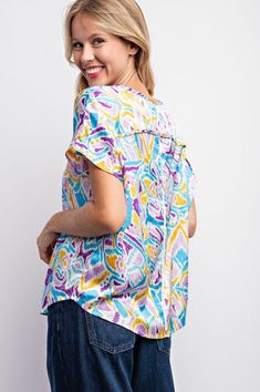 Lightweight silky satin top Relaxed boxy fit Multicolor Relaxed Fit Rayon Tops, Relaxed Fit Multicolor Rayon Tops, Trendy Satin Blouse For Spring, Trendy Multicolor Rayon Tops, Casual Silk V-neck Tops, Casual Multicolor Viscose Tops, Spring Satin Short Sleeve Tops, Casual Satin Blouse For Summer, Casual Satin V-neck Top