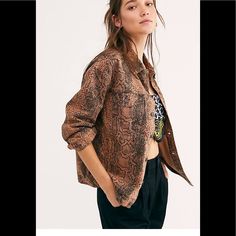 New With Tag Oversized Fit Trucker Jean Jacket In A Stylish Brown Snake Print. Runs Large Listed As A Small Marked A Xs. Pit To Pit 19.5” Length 23.5” Free People Boho Blogger Favorite Snakeskin Animal Print Hippie Chic Oversized Utility Jacket For Fall, Trendy Oversized Utility Jacket For Fall, Trendy Brown Shacket For Fall, Trendy Brown Button-up Utility Jacket, Trendy Brown Shacket For Spring, Spring Brown Shacket For Work, Brown Workwear Shacket For Spring, Spring Brown Shacket For Workwear, Oversized Brown Outerwear