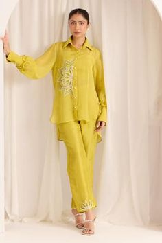 Buy Green Silk Cotton Blend Embroidered Safari Collar Shirt And Pant Set For Women by Taroob Online at Aza Fashions. Coords Set, Diwali Message, Lace Dress Design, High Low Shirt, Kurti Patterns, Cord Set, Stylish Short Dresses