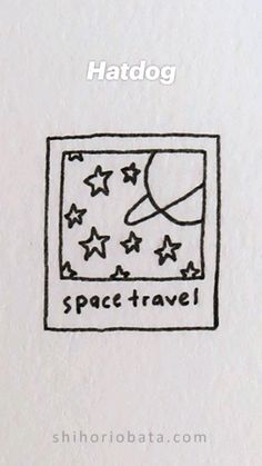 the space travel stamp is drawn in black ink on white paper with stars around it