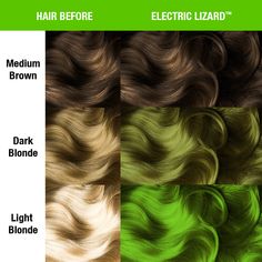 GUILT-FREE GLAMOUR!® Electric Lizard is a bright, neon green dye that looks as electric as it sounds. With vibrant, lime green hues, this shade glows brightly under black lights! For best results, we recommend lightening your hair to the lightest level 10 blonde before use. How many 4oz containers of Manic Panic hair color should I buy? Short Hair up to Bob Length: 1 jar/bottle for thin or thick hair. Below the Shoulder up to Waist Length: 2 jars/bottles for thin hair and 2-3 for thick hair. Tai Manic Panic Electric Lizard, Level 10 Blonde, Manic Panic Hair Color, Permanent Hair Dye Colors, Neon Green Hair, Manic Panic Hair, Green Hair Dye, Black Lights, Short Hair Up