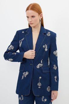 Embellished Denim Single Breasted Blazer Luxury Denim Blazer For Formal Occasions, Luxury Blue Nehru Jacket With Intricate Embroidery, Luxury Embellished Notch Lapel Suit, Luxury Gucci Blazer For Spring, Hand Embroidered Suits For Women, Denim Blazer Outfit, 2023 Lookbook, Workwear Capsule Wardrobe, Pearls Fashion