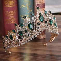 Charming Jewelry Princess Rhinestone Tiaras | Bridelily - Gold Green - tiaras Emerald Green Quinceanera Theme, Quince Crowns, Quince Crown, Green Quinceanera Theme, Quinceanera Crown, Wedding Hair Headband, Bride Crown, Crystal Bridal Tiaras, Bridal Headwear