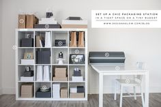 a white desk and chair sitting in front of a bookcase with instructions on how to set up a packing station