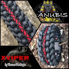 anubis bracelet with red and black braiding on the outside, and two pictures of