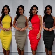 Material: Polyester Color: Yellow, Red, Black, Khaki Size: S, M, L, XL Age: 21-45 Gender: woman Package included: 1 pc 1. Please allow 1-3cm differs due to manual measurement, in other words order 1 size up from your normal size as these dresses run a bit smaller than usa sizes Fitted Solid Red Midi Dress, Stretch Red Dress, Red High Neck Mini Dress For Spring, Red High Neck Summer Dress, Red High Neck Dress For Summer, Red Stretch High Neck Dress, Red High Neck Stretch Dress, Casual Red Dress For Going Out, Red Casual Dress For Going Out