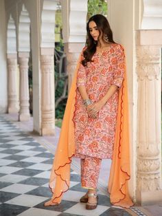 Chaand Mohena Peach Floral Printed Cotton Side Gathered Kurta Set (Set of 3) By Maison Shefali now available at Trendroots Cotton Kurta Set, Kurta Pants, Festive Collection, Cotton Kurta, Indian Designer Wear, Summer Staples, Kurta Set, Modern Bride, Indian Design