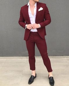 Men 2 Piece Suit Maroon Wedding Wear Slim Fit Groom Wear 2 Piece Party Wear Premium Suits This is new modern Slim fit 3D Cut style which give you look slimmer and smarter. Color - Maroon Jacket and vest are lined with 100% Satin Notch Lapel, Two Pockets at bottom of jacket and one inside. Free Express Shipping all over the world. Red Shirt Outfits, Mens Prom, Maroon Suit, Suit Prom, Suit For Wedding, Blazer Outfits Men, Prom Outfit, Formal Men Outfit, Maroon Shirts