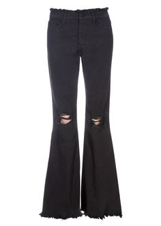 Get a retro look in these edgy black denim flared jeans! Made from premium fabric and substantial stretch these bell bottom jeans with a high waist are meant to stride from city streets to your next music festival. A high rise balances the flared legs of classic '70s-inspired jeans crafted from premium denim in a flattering black wash. The boot cut pants are slim fit from the hip through the knee that flares to a bell bottom leg. Distressed and with ripped details in all the right places, these Shaggy Jacket, Tartan Mini Skirt, Leopard Print Jumpsuit, Velvet Flare Pants, Denim Flare Jeans, Velvet Flares, Bottom Jeans, Bell Bottom Pants, Pants And Leggings