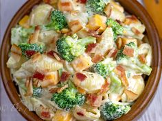 broccoli and bacon pasta salad in a bowl