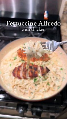 a fork with some food on it in front of an oven and the words fettuccine alfredo