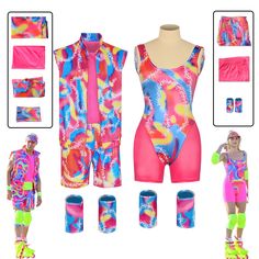 an assortment of colorful clothing and accessories for a woman's bodysuit, including knee high boots