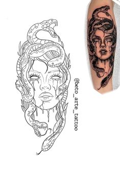 a woman's face and snake tattoo on the left side of her arm, next to another drawing