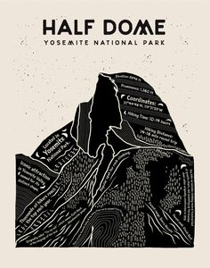 a black and white poster with the words half dome on it's mountain side