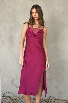 Midi, slip dress introduced in a mauve. The garment shows off a lace insert behind it's cowl neckline and a knee-length side slit. Slip Dress Midi Cowl Neck Lace Insert Side Slit Length: 47" Chest: 17 1/4"" Waist: 14" Self: 100% Polyester Linning: 100% Polyester Hand wash in cold water. Dry flat. Iron on low heat. Model is wearing a size S Style #: F248D6040 Slip Dress Midi, Cowl Neck Slip Dress, Midi Slip Dress, Mauve Dress, Cocktail Attire, Game Dresses, Vintage Havana, Cowl Neckline, Lace Insert