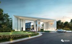 an artist's rendering of the entrance to a luxury hotel at dusk with cars parked in front