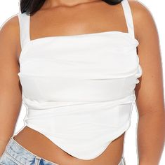 White Fitted Chic Tank Top, White Sleeveless Blouse Camisole For Party, Chic Fitted White Camisole, Elegant White Tank Crop Top, Chic White Sleeveless Blouse Crop Top, Chic White Crop Top Camisole, White Tank Camisole For Night Out, White Cami Tank Top For Night Out, Satin Corset Top