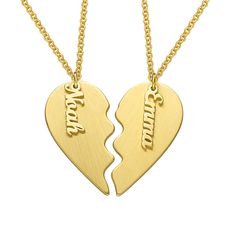 Our Personalized Couple Heart Necklace in 18k Matte Gold Vermeil offers a new take on a classic favorite! This stunning design incorporates two pendants that come together to form a heart. Each half-heart pendant features an engraved name charm that brings fantastic texture and a touch of movement to the finished look. With a sophisticated matte finish, this couples’ necklace set is made with 18k Gold Vermeil, which is essentially a thicker, more durable, and more luxurious gold coating than ... Couple Pendant, Couples Jewelry, Couple Heart, Real Diamond Necklace, Dainty Diamond Necklace, Bezel Necklace, Diamond Solitaire Necklace, Couple Necklaces, Couple Jewelry