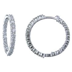 18K White Gold 28mm Diamond Hoop Earrings Approx. 3.43 total carat Approx. 28mm NAGI Jewelers is an Authorized Roberto Coin Retailer 18K White Gold 44 Round Diamonds = 3.43 Carats tw F-G Color / VS Clarity 28mm Diameter(1 1/8") Hinged post backs Signature Ruby on end tips 3mm wide Weigh 8.8 grams Made in ITALY Available for order. (Orders Placed today will ship in approximately 4 - 6 week.) Roberto Coin, Diamond Hoop Earrings, Jewelry Store, Jewelry Stores, Diamond Bracelet, Round Diamonds, Ruby, Coin, Hoop Earrings