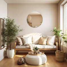 a living room filled with furniture and a round mirror